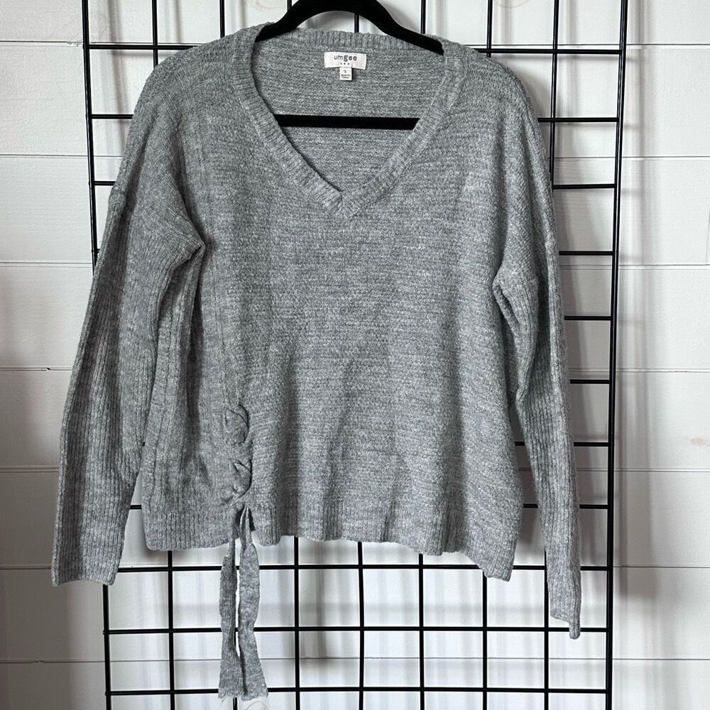 Umgee USA V-neck Side Tie Knit Sweater Womens S‎ Grey Classic Preppy